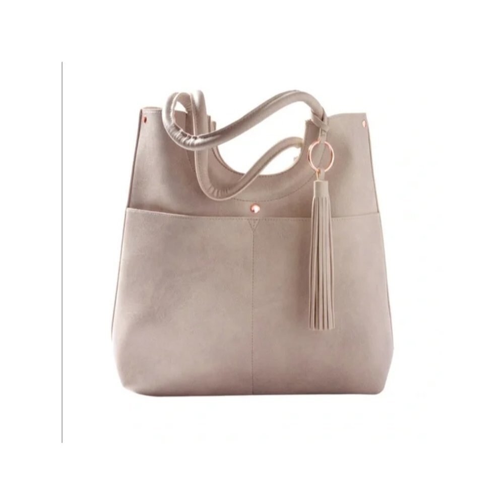 Ulta Beauty Beige Tan Purse Tote with Rose Gold Hardware Snap Closure and Tassel